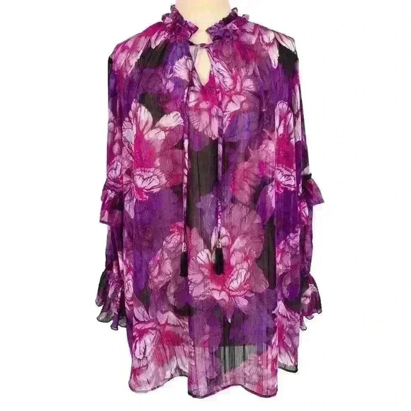 Susan Graver Plus 3X Tunic Top Floral Sheer Chiffon Purple Black Ruffle Tassel - Picture 1 of 10